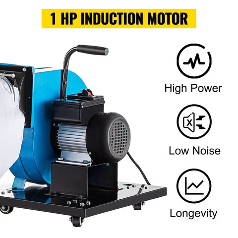 Industrial Workhorse Wheeled Dust Collector Shop Vacuum With Badass 537 CFM Suction showing 1 HP induction motor for powerful dust removal.