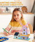 Girl painting with Solar Powered 3D Wooden Windmill Puzzle Kit for Kids and Adults Diy Dutch Windmill House Build Toy