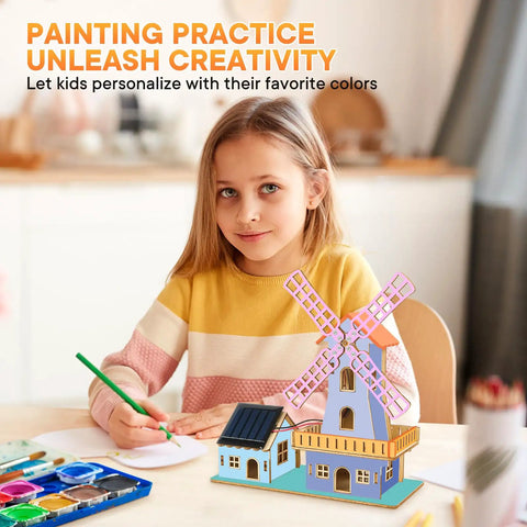 Girl painting with Solar Powered 3D Wooden Windmill Puzzle Kit for Kids and Adults Diy Dutch Windmill House Build Toy