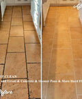Deep clean of tile flooring showing before and after results, highlighting dirt removal using Badass Heavy Duty 13 Inch Orbital Floor Scrubber Buffer Machine Cleans Tile Wood And Carpet Without Hurting Your Back Comes With Three Stiff Brushes And Soft Pads For A Hella Clean Surface Quick.
