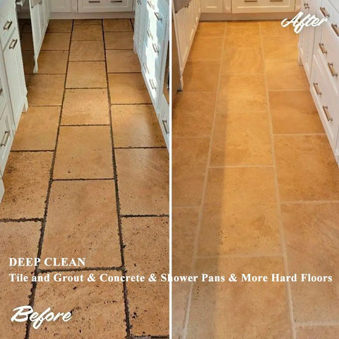 Deep clean of tile flooring showing before and after results, highlighting dirt removal using Badass Heavy Duty 13 Inch Orbital Floor Scrubber Buffer Machine Cleans Tile Wood And Carpet Without Hurting Your Back Comes With Three Stiff Brushes And Soft Pads For A Hella Clean Surface Quick.