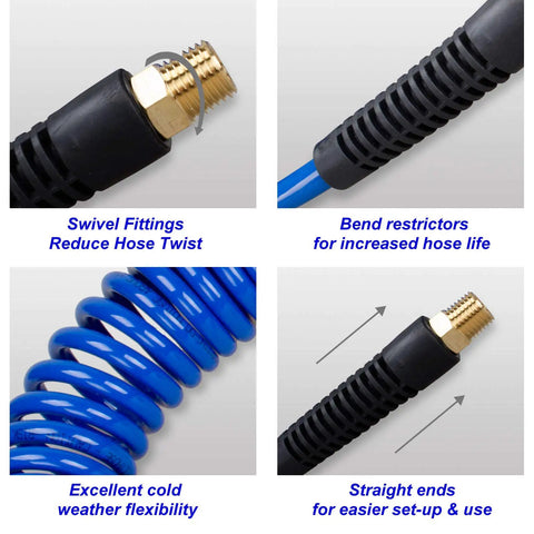 18 Piece Air Compressor Accessories Kit With 25 Foot Recoil Poly Hose And 1/4 Inch NPT Quick Connect Fittings, hose features
