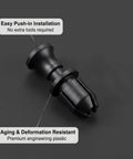Close-up of a heavy duty black push lock pin for secure mounting in media centers, made from premium plastic.