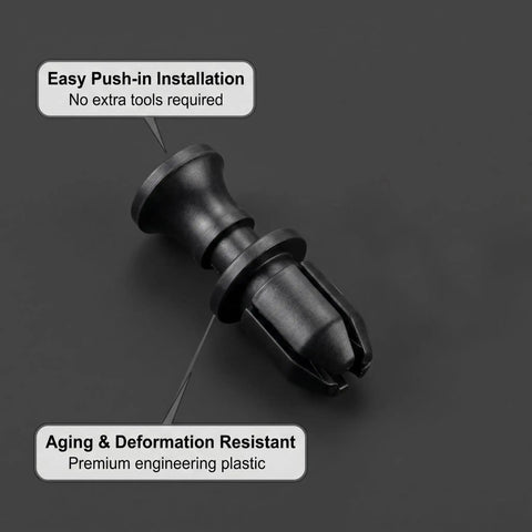Close-up of a heavy duty black push lock pin for secure mounting in media centers, made from premium plastic.