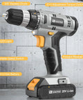 Killer 20V Cordless Drill Set With 2.0 Ah Battery And Charger 30 Nm Torque featuring 3/8 inch keyless chuck and variable speed switch.