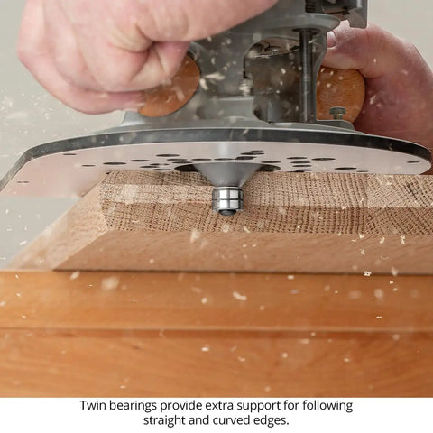 Pro Grade Four Piece Chamfer Router Bit Set With Carbide Cutters And Twin Bearings for edge profiling and miter joint cuts.