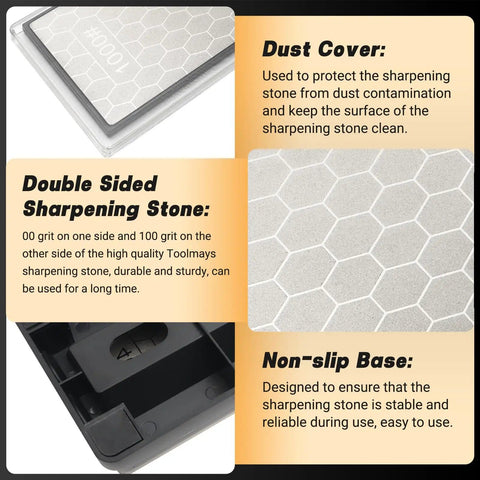 Double Sided Diamond Whetstone 400/1000 Grit With Honeycomb Surface Knife Sharpener Stone Angle Guide And Non Slip Base For Outdoor Kitchen And Everyday Tool Sharpening shown with features like dust cover and non-slip base.