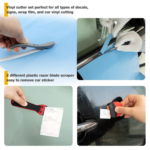 Using Pro Grade Car Window Tint And Vinyl Wrap Tool Kit With 1800W Heat Gun 110V for precise vinyl and sticker cuts.