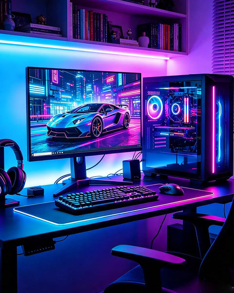 Color Changing LED Strip Light Kit With Three Dope Pre Cut 12 Inch Segments 36 Inches Total Flexible 5050 LED Lights Includes RF Remote Power Supply And Connectors For TV Room Decor And DIY Lighting illuminating gaming setup.