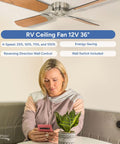 Woman sitting under a 12V RV Ceiling Fan With 36 Inch Brushed Nickel Finish Four Blades Includes Switch Oak Blade Option