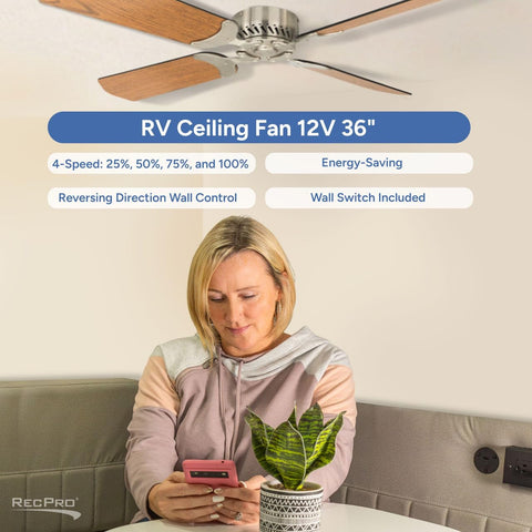 Woman sitting under a 12V RV Ceiling Fan With 36 Inch Brushed Nickel Finish Four Blades Includes Switch Oak Blade Option