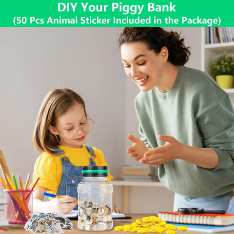 Mother and daughter using Digital Counting Piggy Bank With LCD Display For Adults 1.8L Transparent Coin Jar, shown with coins and stickers.