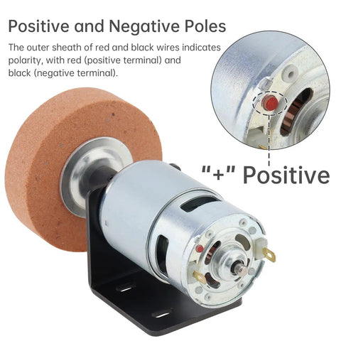 RS775 Compact DC Motor Sander Polisher Kit 12V 24V 120W Brushed Build With 5Mm Shaft showing motor with positive and negative poles.