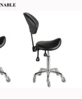 Ergonomic Saddle Stool With Back Support, Adjustable Height 20 To 29.5 Inches, Ideal For Medical Clinics, Studios, Salons, Offices And Home, Black, side and rear views showing reclinable backrest, chrome base, and durable wheels.