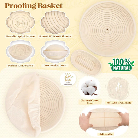 Chart detailing features of proofing baskets from Pink Sourdough Bread Making Kit With Round Nine Inch And Oval Ten Inch Proofing Baskets.