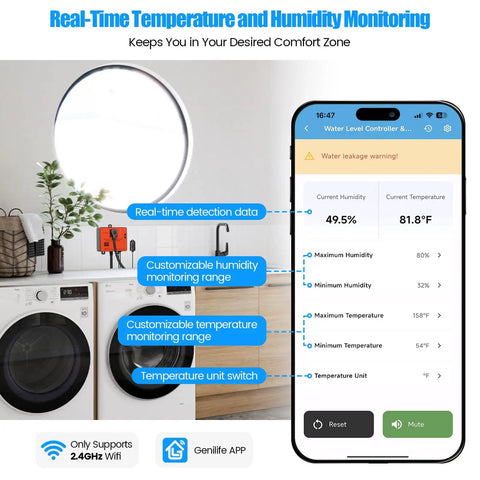 Smartphone showing WiFi Power Failure And Water Leak Alarm With Auto Shutoff Real Time Water Level Temperature And Humidity Monitoring app interface.