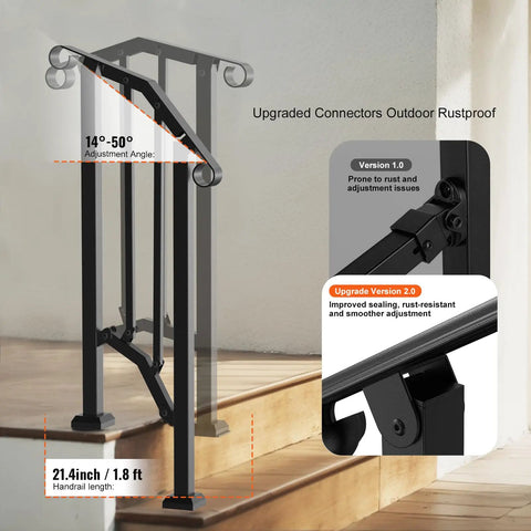 Heavy Carbon Steel Handrails For Outdoor Steps One Step Stair Rail Kit with adjustable angle and rustproof connectors.