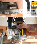 DNP615 Clear Router Dust Collection Adapter For Fixed Base Routers Compatible With DWP611 And DWP611PK in use