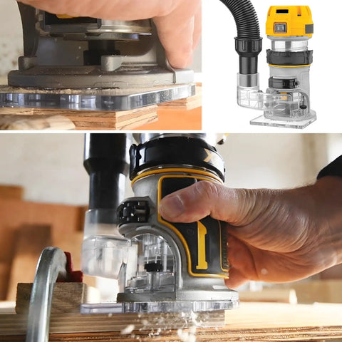 DNP615 Clear Router Dust Collection Adapter For Fixed Base Routers Compatible With DWP611 And DWP611PK in use
