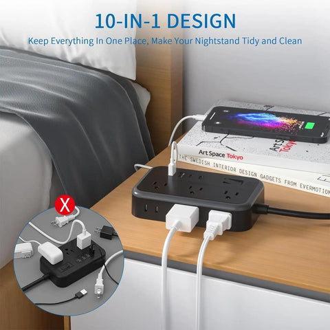 25 Foot Flat Plug Extension Cord With 6 Widely Spaced Outlets And 4 USB Ports Including 2 USB C Ports For Home Office Dorm Nightstand Wall Mount Power Strip Black on nightstand