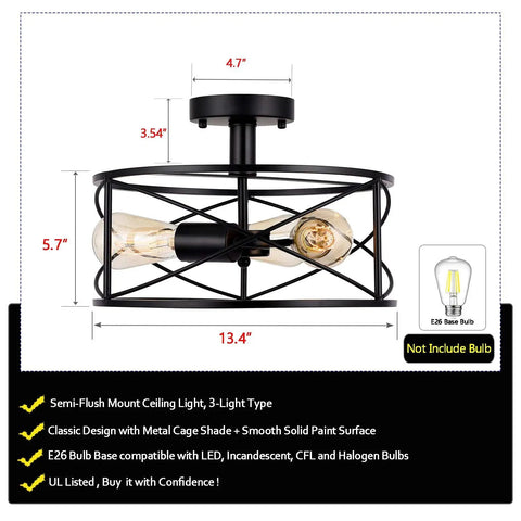 Dope 3 Light Semi Flush Mount Ceiling Light Industrial Black Metal with E26 base dimensions diagram