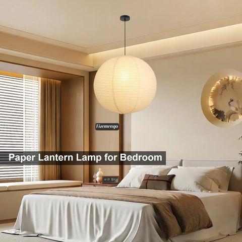Large Off White Paper Pendant Light 23.6 Inch Japanese Rice Paper Ceiling Lamp With Cord And Canopy in a modern bedroom setting.