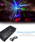 Six Channel Bluetooth DJ Mixer Controller With LED Illumination And Digital Audio Mixing System, Dope Pro Sound Studio Grade Stereo Mixer For Live Sets And Home Parties, 5U Rack Mount Ready displayed at DJ booth with vibrant lights background