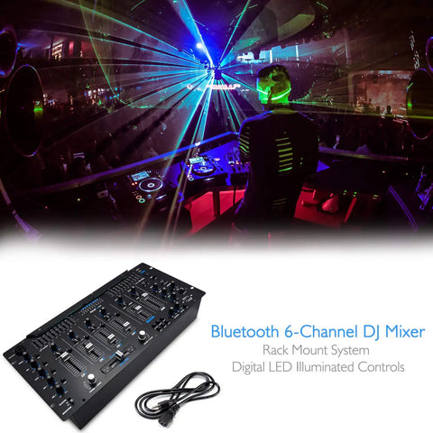 Six Channel Bluetooth DJ Mixer Controller With LED Illumination And Digital Audio Mixing System, Dope Pro Sound Studio Grade Stereo Mixer For Live Sets And Home Parties, 5U Rack Mount Ready displayed at DJ booth with vibrant lights background