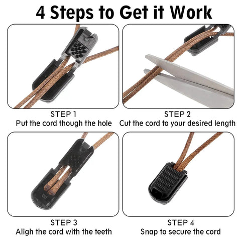 4 steps to use 25 Pack Zipper Pull Tabs And Cord Ends For Shoelaces And Gear Fixes, cutting and securing cord with black plastic ends.