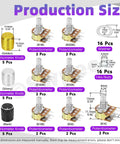 Diagram of Sixteen Sets Of Eight Type B Potentiometers Featuring 1K 5K 10K 50K 100K 250K 500K And 1M Ohm Six Pin Split Shaft Rotary Linear Dual Taper Aluminum Alloy Knob Variants Plus Washers And Nuts Kit with size specifications.