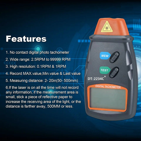 Non Contact Digital Laser Tachometer RPM Meter With Wide 2.5 To 99999 RPM Range, High 0.1 RPM Resolution, 50 To 500 mm Measuring Distance, Pro Grade Tool For Motors Lathe Machines Fans Metal And Woodworking Equipment
