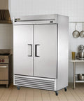 Heavy Duty Commercial Reach In Freezer Featuring Eco Friendly Hydrocarbon Refrigerant Cools To Minus Ten Degrees Fahrenheit in a kitchen setting.