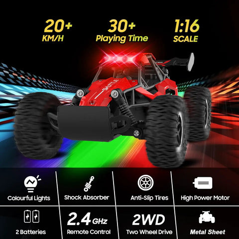 Ultra Fast 2.4GHz Remote Control Monster Truck For Kids 3 4 5 6 7 Plus With LED Headlights, red RC car on colorful background