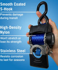 Hand holding Beefed Up Stainless Steel Heavy Duty Retractable Ratchet Straps Set, 2 Inch By 43 Inch, highlighting features