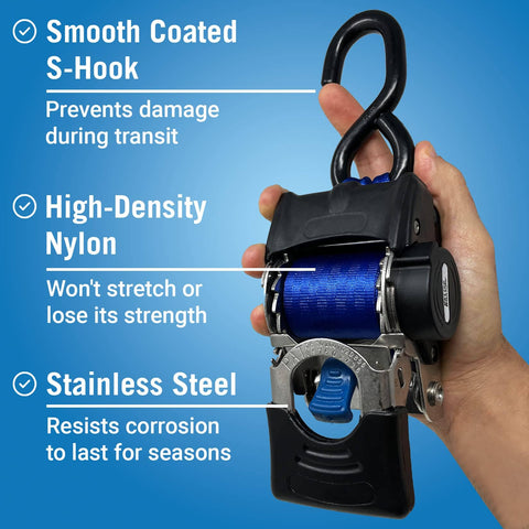 Hand holding Beefed Up Stainless Steel Heavy Duty Retractable Ratchet Straps Set, 2 Inch By 43 Inch, highlighting features