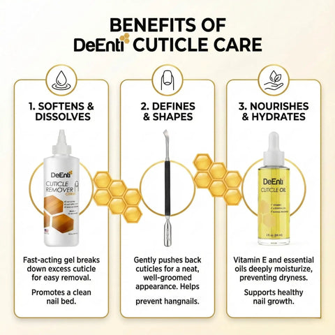 Benefits of DeEnti cuticle care with citrus remover, metal pusher tool, and 2oz cuticle oil from At Home Cuticle Care Kit With Citrus Scented Remover 8oz Cuticle Oil 2oz And Metal Pusher Tool For Salon Quality Nail Care Manicure And Pedicure Bundle Perfect Gift For Nail Techs.