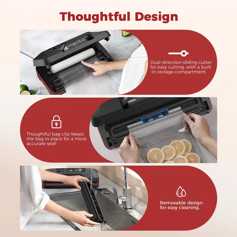 90KPa Vacuum Sealer Machine with dual 12mm heat seal, built-in cutter, bag storage, shown sealing lemon slices, easy to clean.