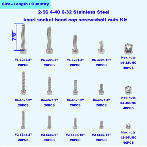 Durable 304 Stainless Steel Hex Socket Head Cap Screws With Nuts Set 360 Piece Assortment Sizes 2-56 4-40 6-32 UNC