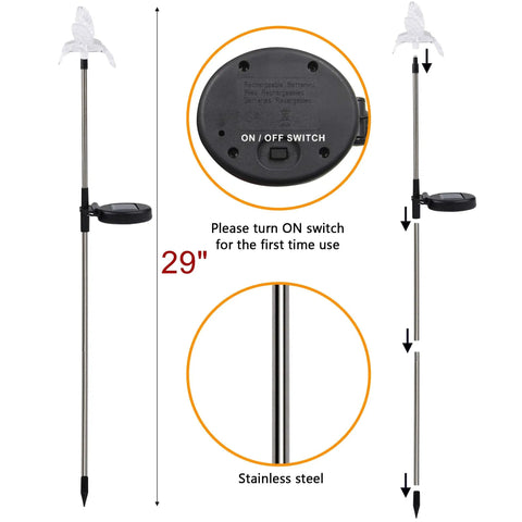 Six Pack Solar Garden Stake Lights With Color Changing LEDs For Outdoor Decor, 29-inch stainless steel stake with switch details.