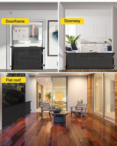 Mega Wide 118 Inch Retractable Baby Gate With Mesh Panels For Indoor Outdoor Use, installed in different areas indoors and outdoors