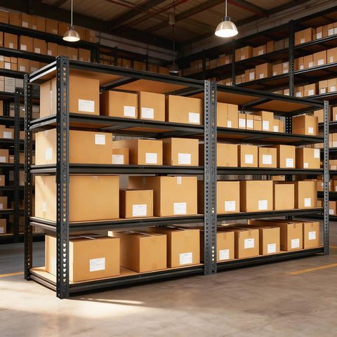 Heavy Duty 5-Tier Garage Shelving Unit With 2400 Lb Capacity, Adjustable Steel Storage Racks For Carport, Warehouse Or Basement, 72 Inch High By 40 Wide By 20 Deep, Industrial Grade Organization, black steel shelves with boxes in warehouse