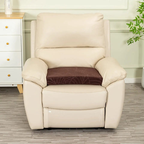 Comfy Long Sitting Recliner Cushion For Elderly Seniors 20x20x3 Inch Thick Foam Seat Pad With Soft Tufted Layer No Thigh Pressure Leaves Coffee Color on a beige recliner.