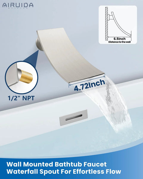 Wall Mount Tub Faucet With Waterfall Spout And Handheld Shower, Single Handle Tub Filler, Rough-In Valve, Curved Spout