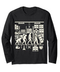 Long Sleeve Logistics Warehouse Worker Evolution Tee showing progression from caveman to warehouse worker with boxes and tools.