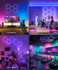 Lit RGB Hexagon Garage Light Kit With 5 Panels, 25 Pack Color Changing LED Lights installed in gaming room, party area, music studio, gym.