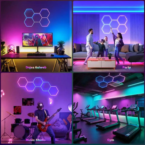 Lit RGB Hexagon Garage Light Kit With 5 Panels, 25 Pack Color Changing LED Lights installed in gaming room, party area, music studio, gym.