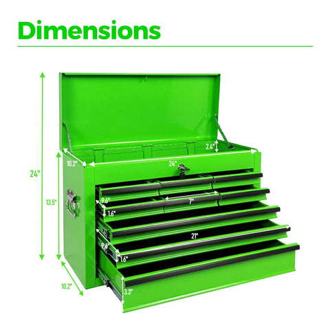 24 Inch Heavy Duty Steel Tool Box With Nine Lockable Drawers dimensions showing height, width, and drawer sizes.