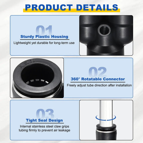 Product details of 3 Way Y Splitter Push To Connect Fittings showing plastic housing, rotatable connector, and tight seal design.