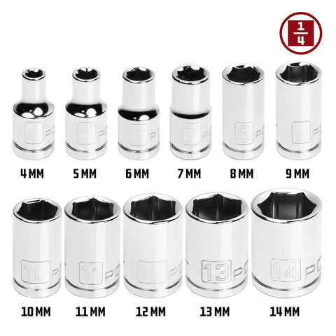 11 Piece Metric Shallow Socket Set With 1/4 Inch Drive, 6 Point Sockets shown in sizes 4-14mm, chrome vanadium steel
