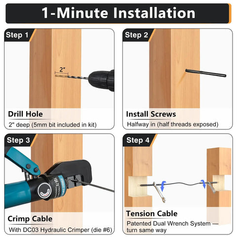 Step-by-step installation of Rugged And Ready Heavy Duty 100 Pack Left And Right Handed T316 Stainless Steel Swage Lag Screws